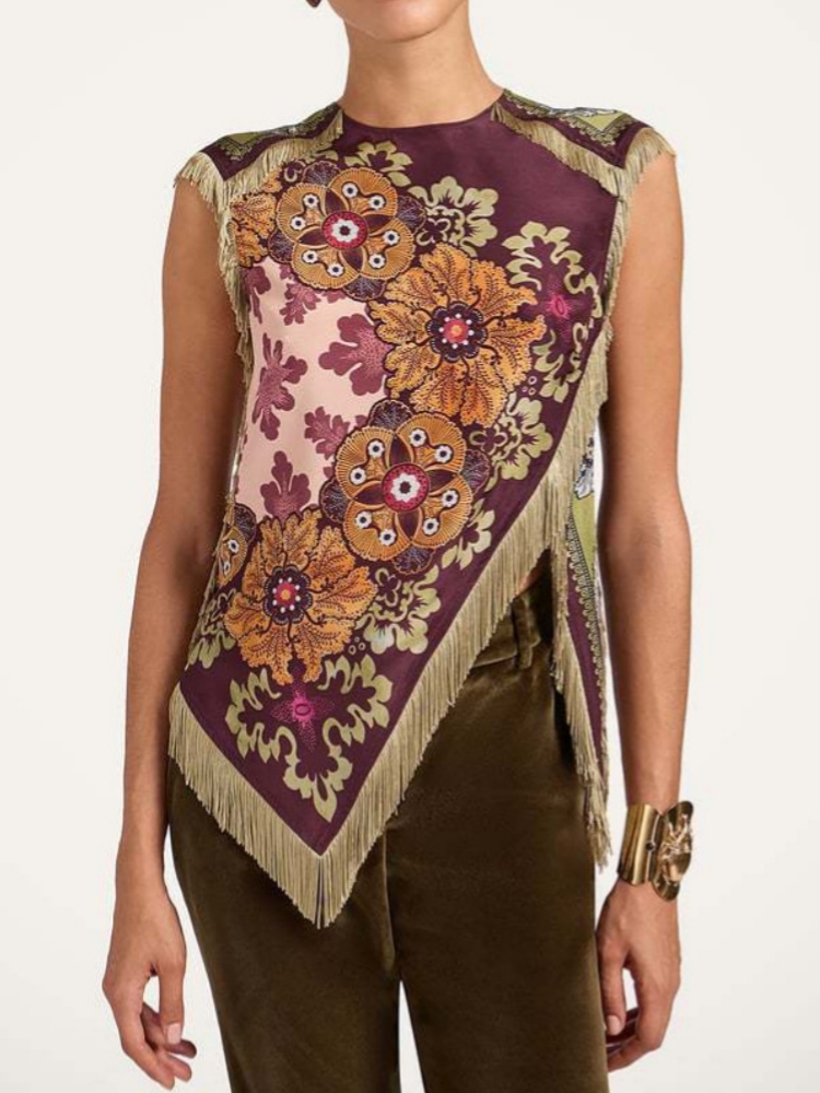 Tassel Fringe Trim - Blusa Feminina Vintage de Cetim com