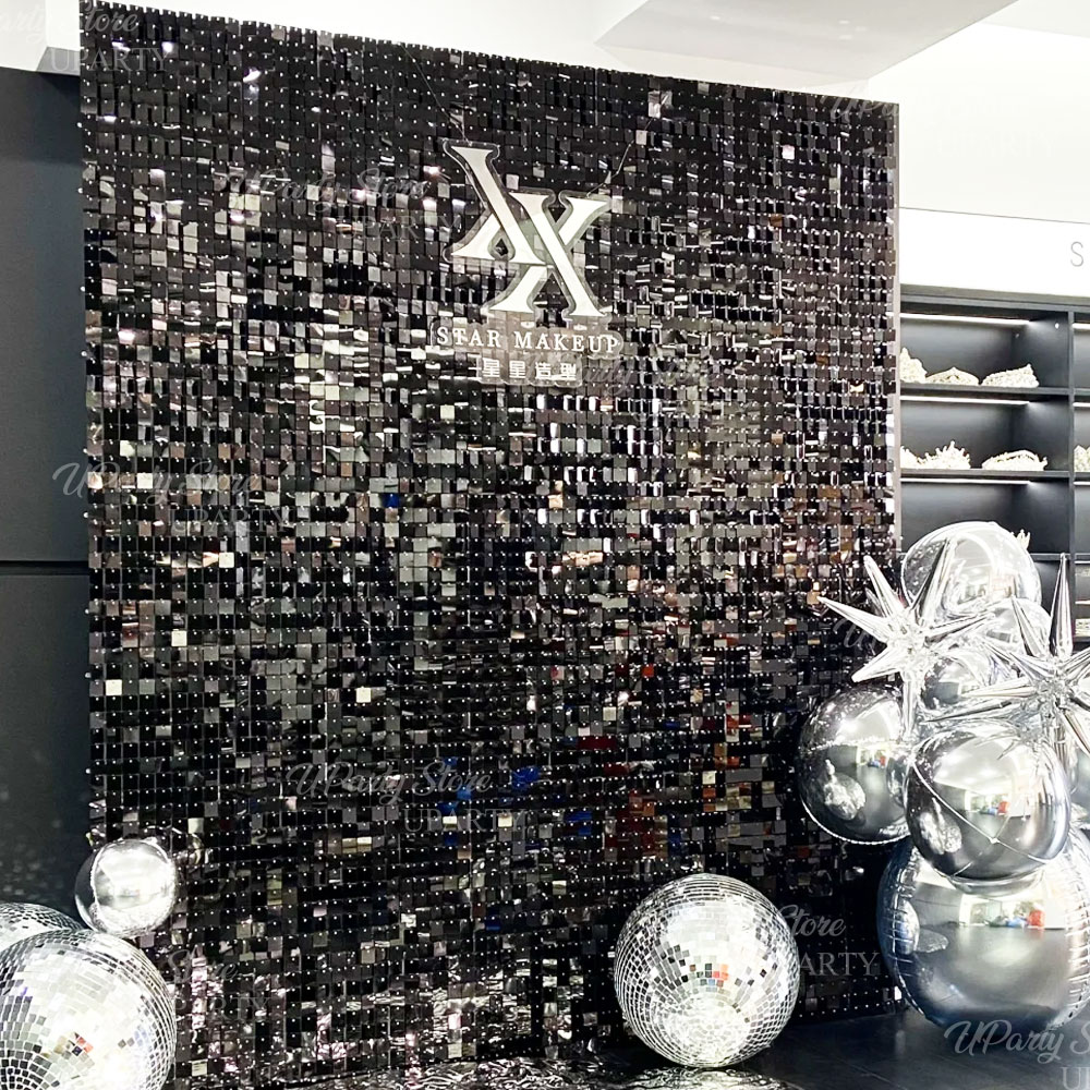 Sequin Fabric Panel - Cenário de parede brilhante preto, 12/16/24