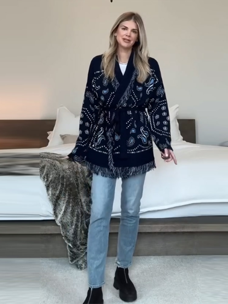 Cardigã Feminino Elegante com  - Tassel Fringe Trim avaliação e preço