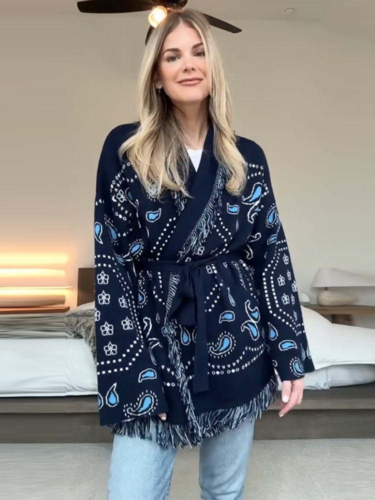 Cardigã Feminino Elegante com  - Tassel Fringe Trim avaliação e preço